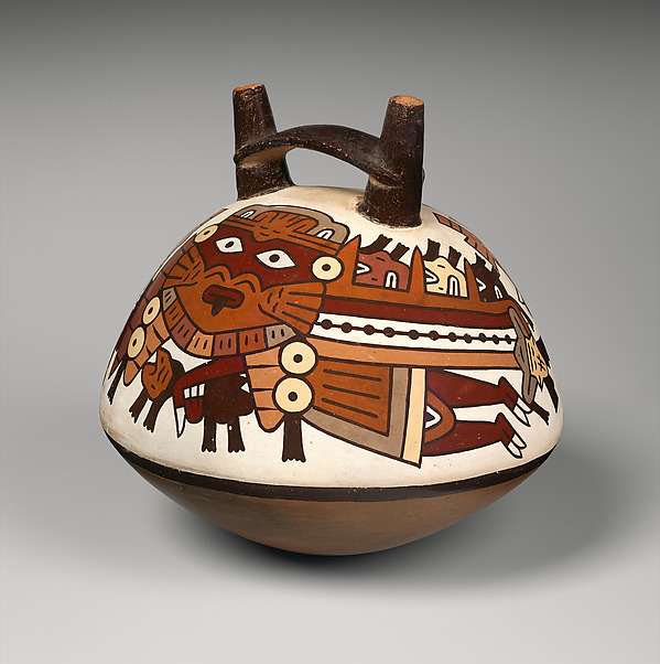 Double-spout bottle with flying figure — Nasca artist(s)