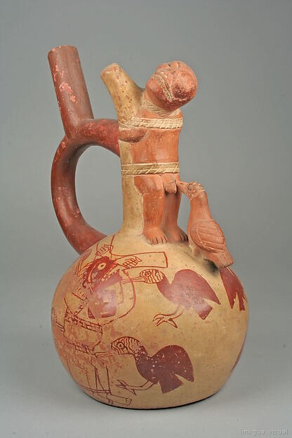 Stirrup Spout Bottle with Nude Man and Bird — Anónimo moche